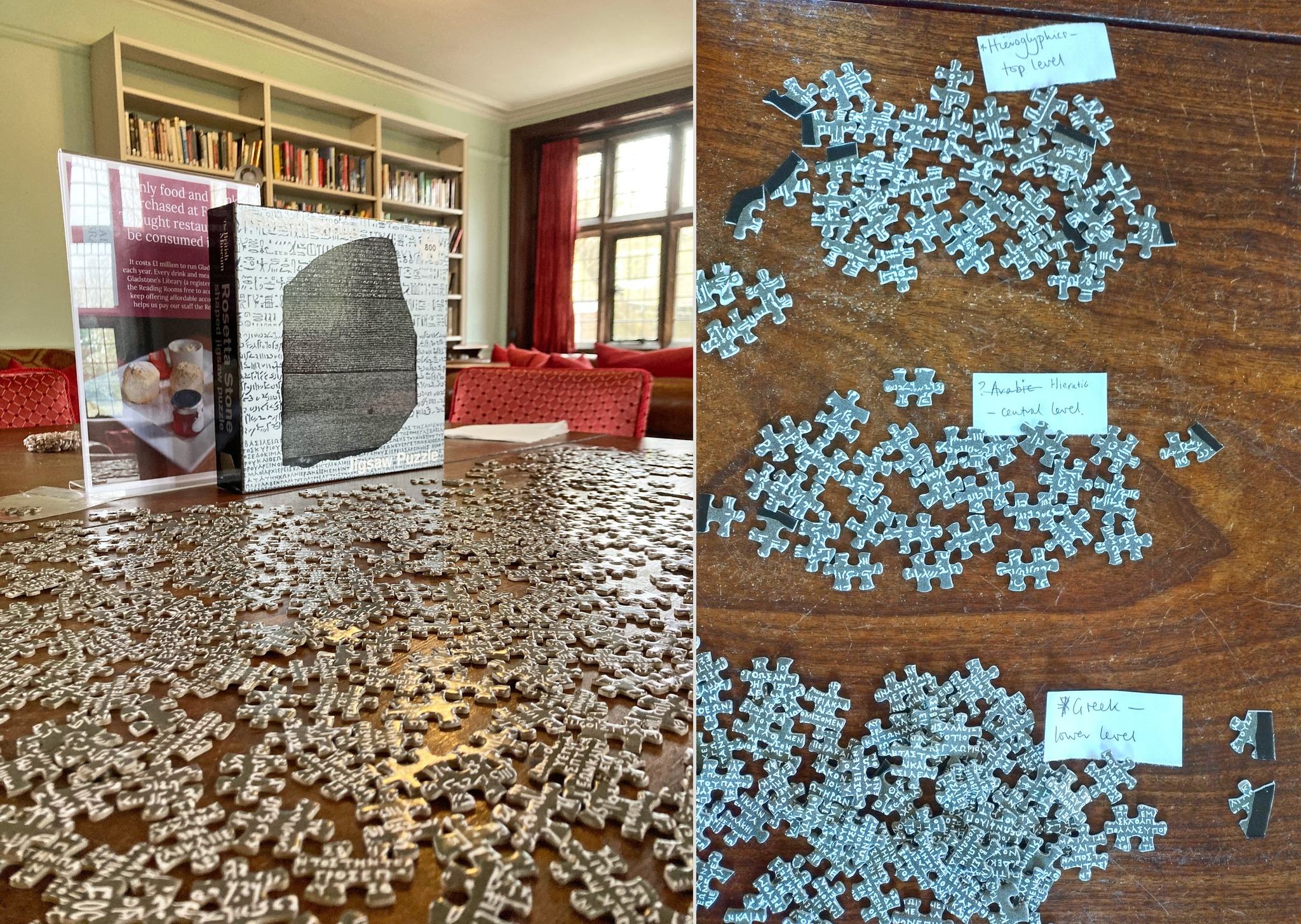 A puzzle spread out on a table. 