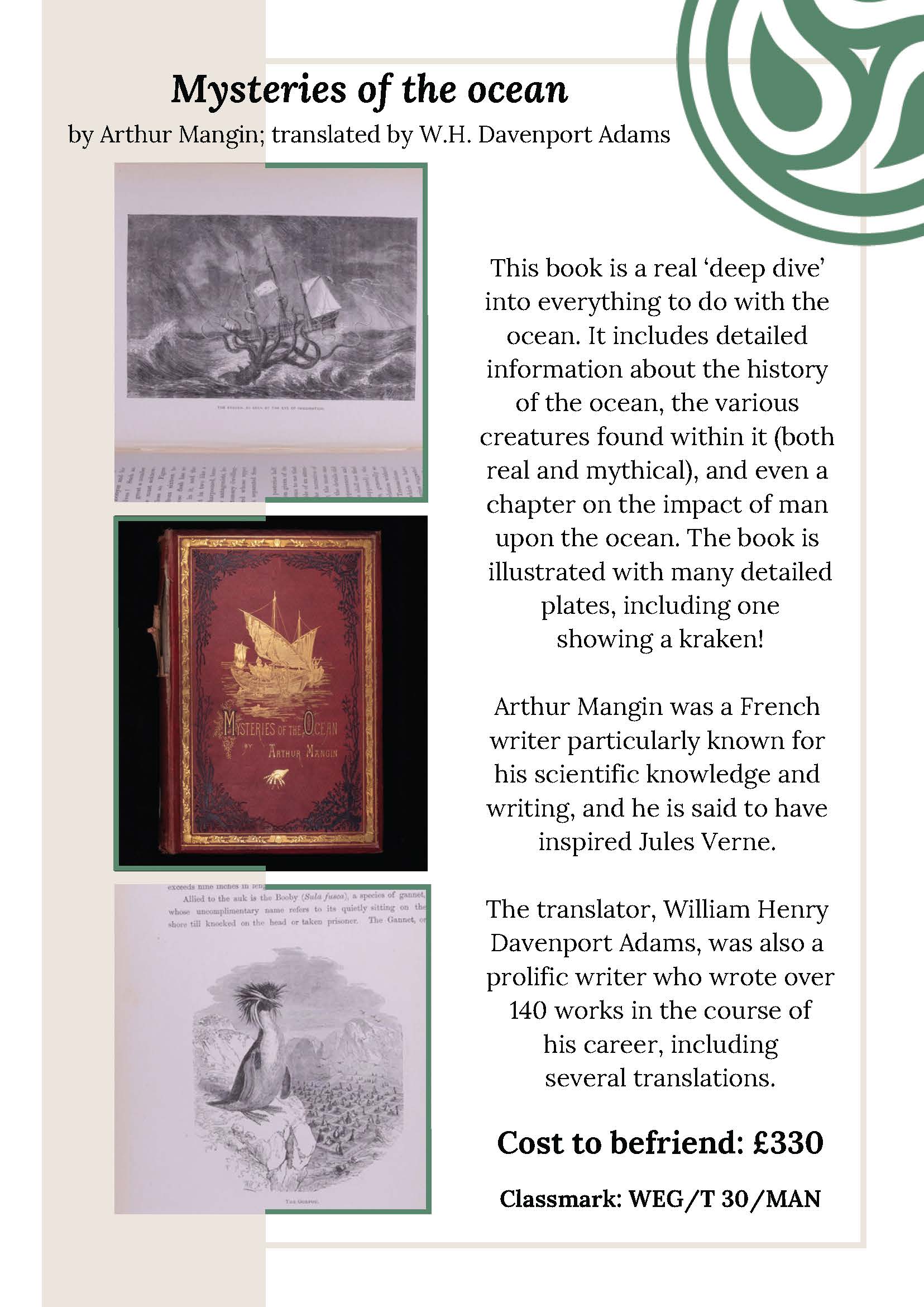 An information sheet about Mysteries of the ocean by Arthur Mangin; translated by W.H. Davenport Adams. A plain text version is available if you email library@gladlib.org.