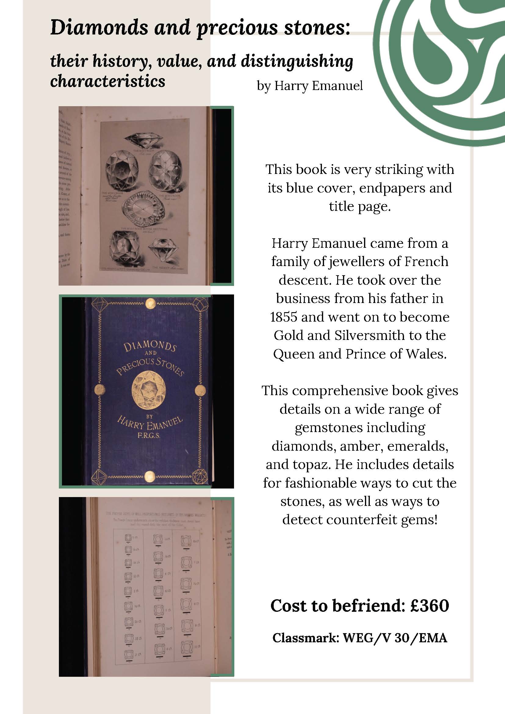 An information sheet about Diamonds and precious stones: their history, value, and distinguishing characteristics by Harry Emanuel. A plain text version is available if you email library@gladlib.org 