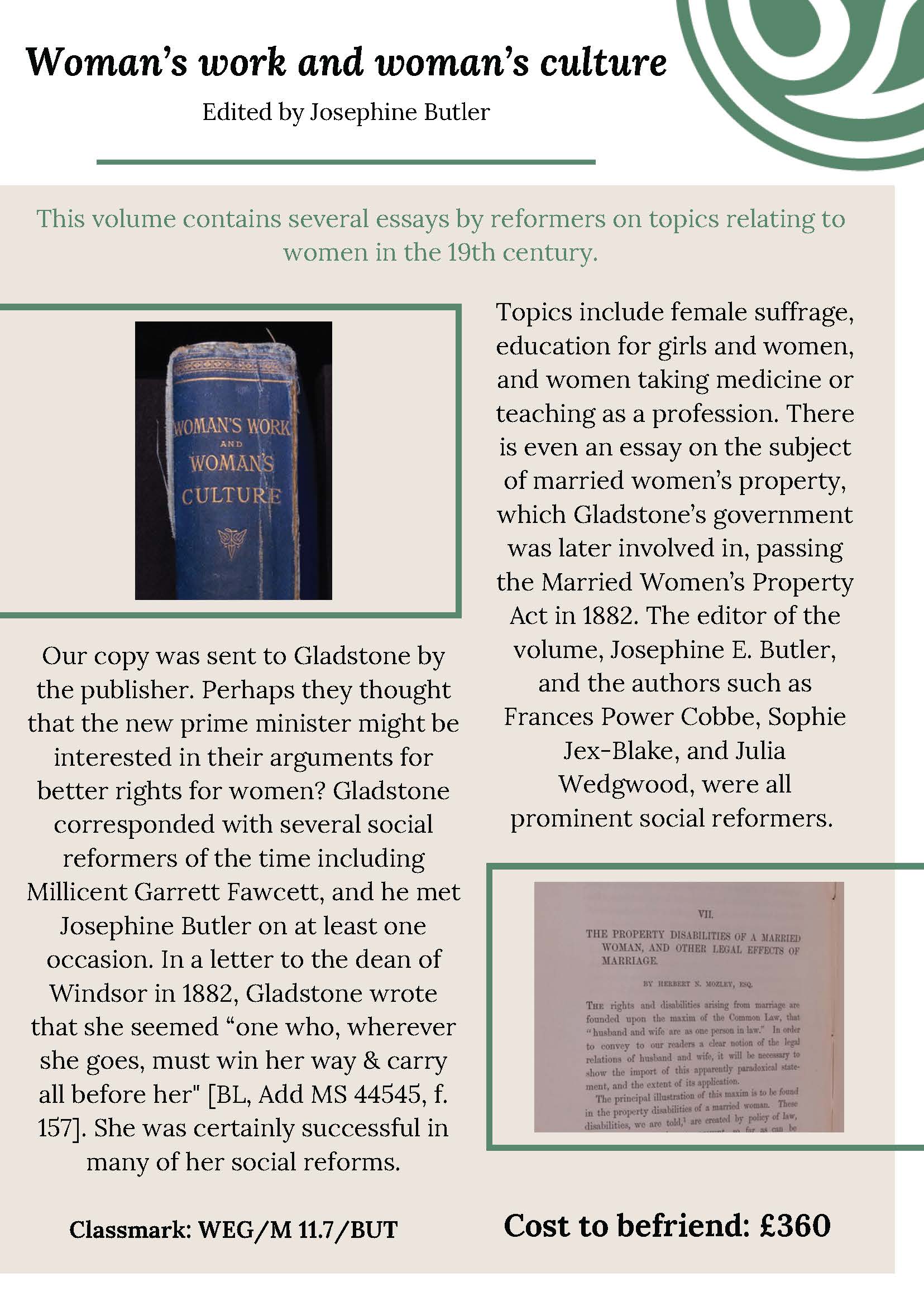 An information sheet about Woman’s work and woman’s culture, edited by Josephine Butler. A plain text version is available if you email library@gladlib.org