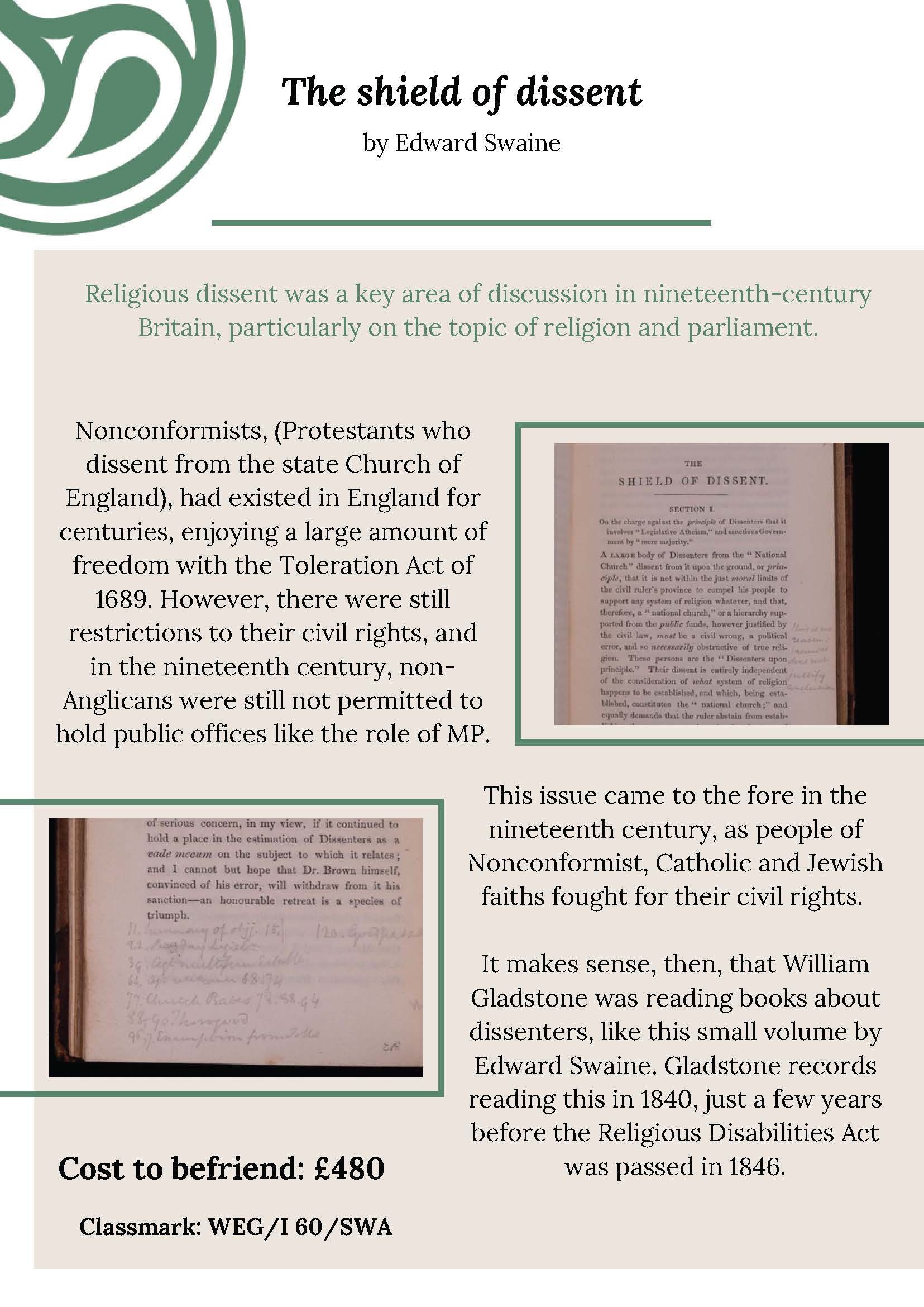 An information sheet about The shield of dissent by Edward Swaine. A plain text version is available if you email library@gladlib.org