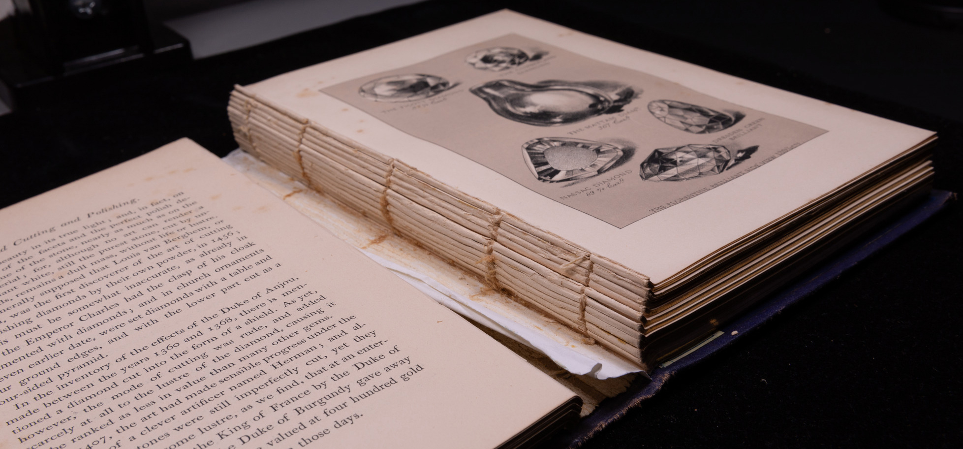 A wide shot of a book showing interior pages and a broken spine in need of conservation