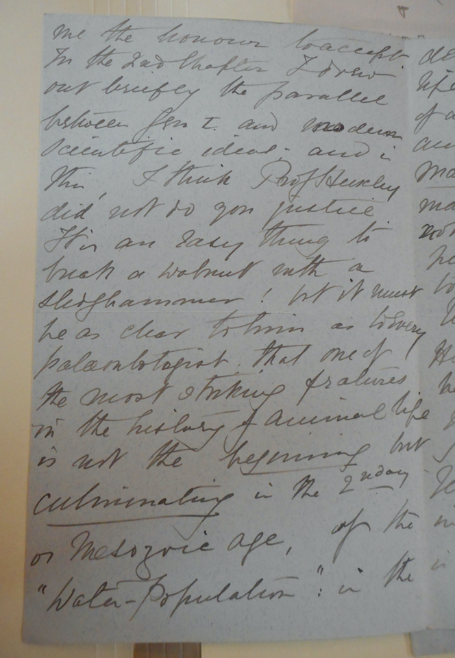 George Henslow explains to Gladstone that the fifth day of creation in Genesis may have been equivalent to the Mesozoic Era of geology