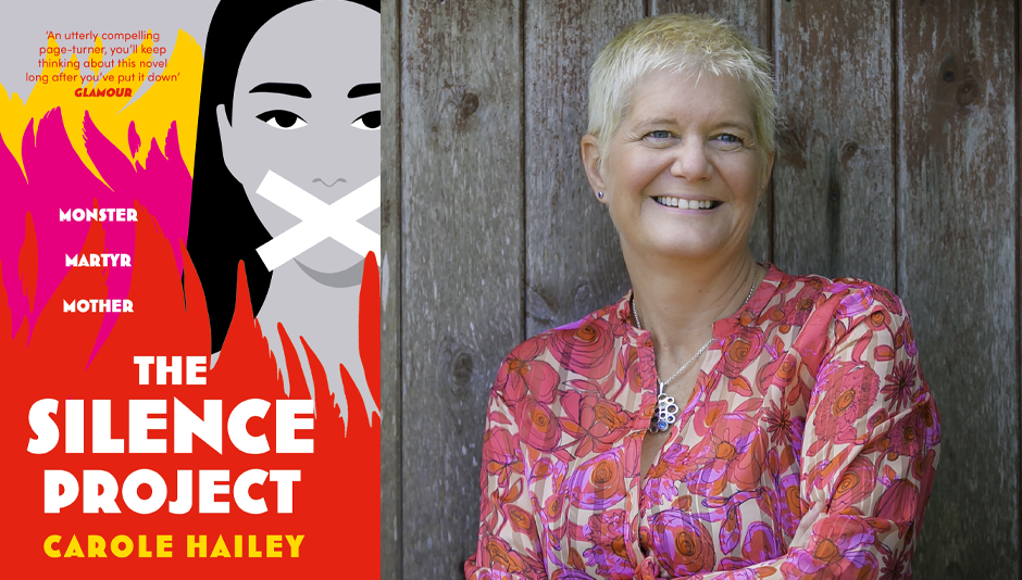 A picture showing Carole Hailey, a woman with short white hair, beside a copy of her book, the Silence Project, which has a stylised cover of a woman with an X over her mouth