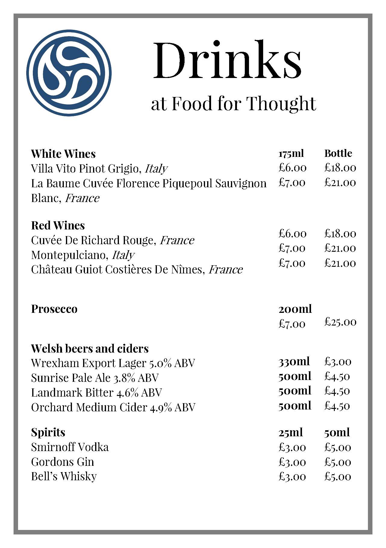 The second page of the drinks menu detailing alcoholic drinks. A plain text version is available if you email rhian.waller@gladlib.org