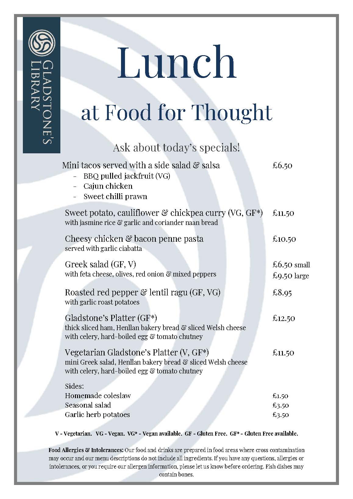 The lunch menu. A plain text version is available if you email enquiries@gladlib.org