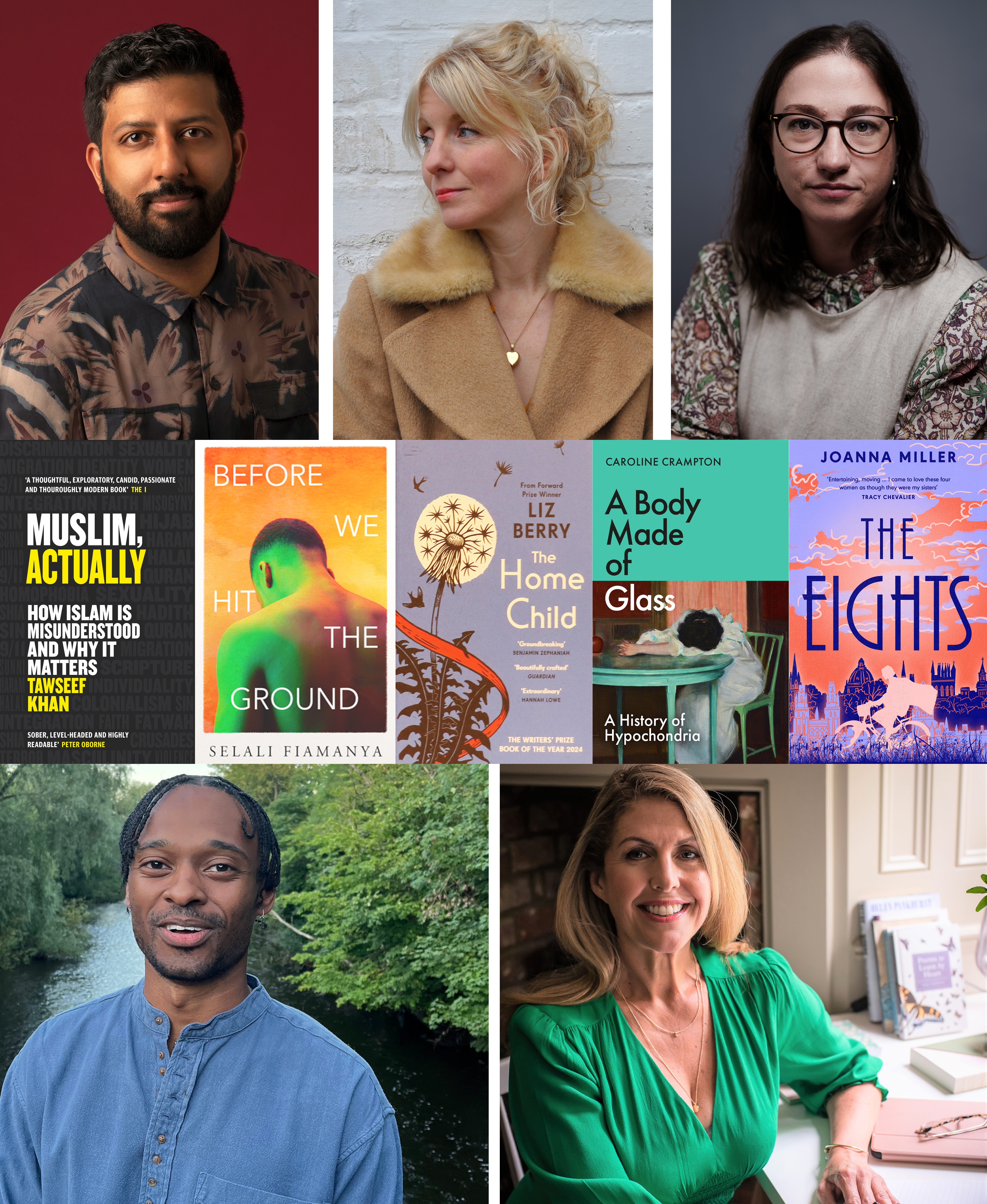 A collage of author headshots and books